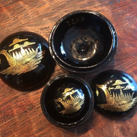 Black Lacquer Asian Round Nesting Boxes 4,3 and 2 inch - Picture 2 of 10